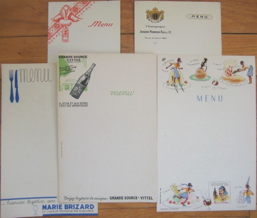 Set of Five Early French Advertising Menus: Champagne +