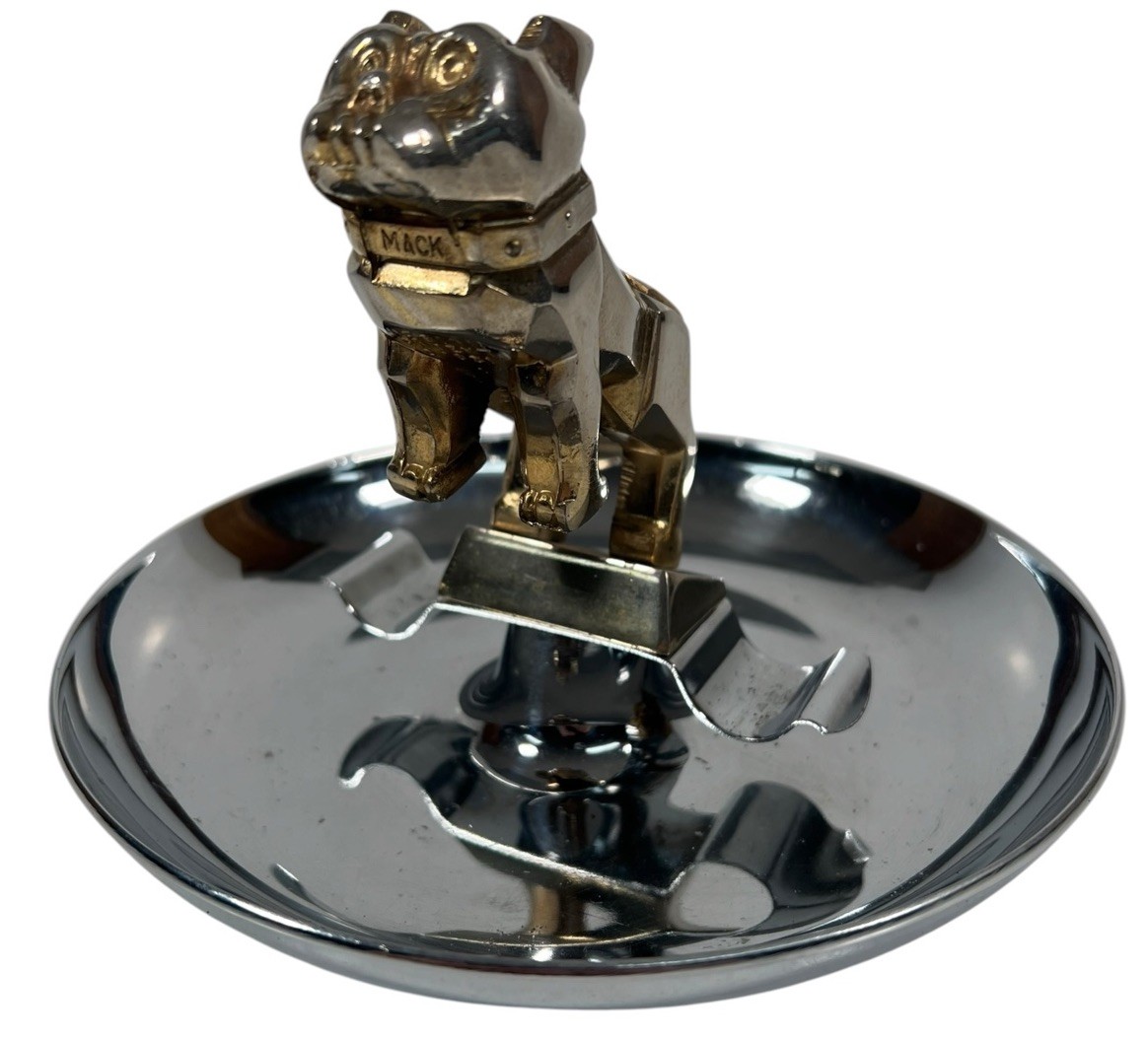 Vintage Mack Truck Bulldog Hood Ornament Chrome Trinket Dish Ash Tray Cigar Rare