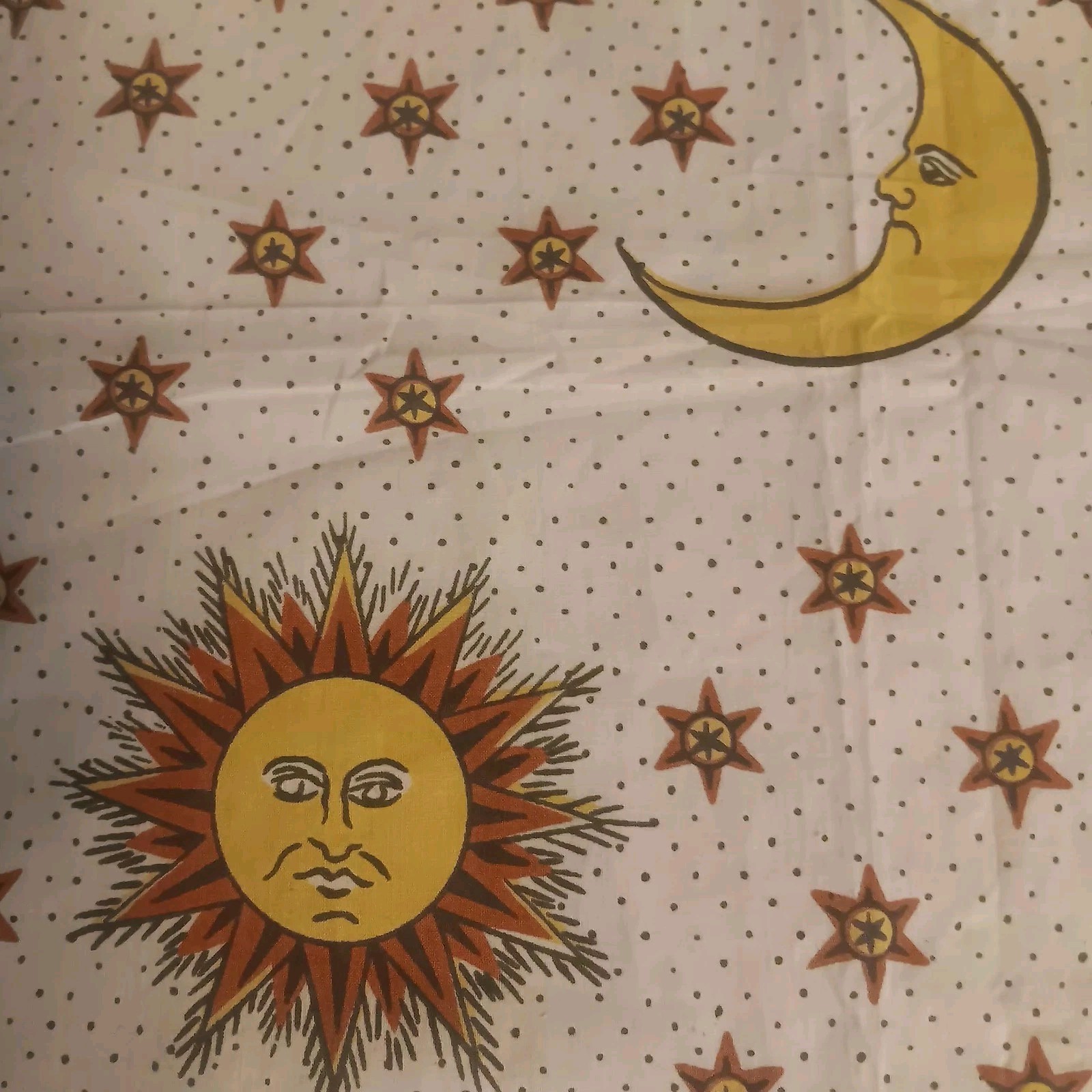 Vtg Celestial Fabric Anthropomorphic Moon Sun Stars Hand Print Fabric 35 x 30 Vtg Celestial Fabric Anthropomorphic Moon Sun Stars Hand Print Fabric 35 x 30