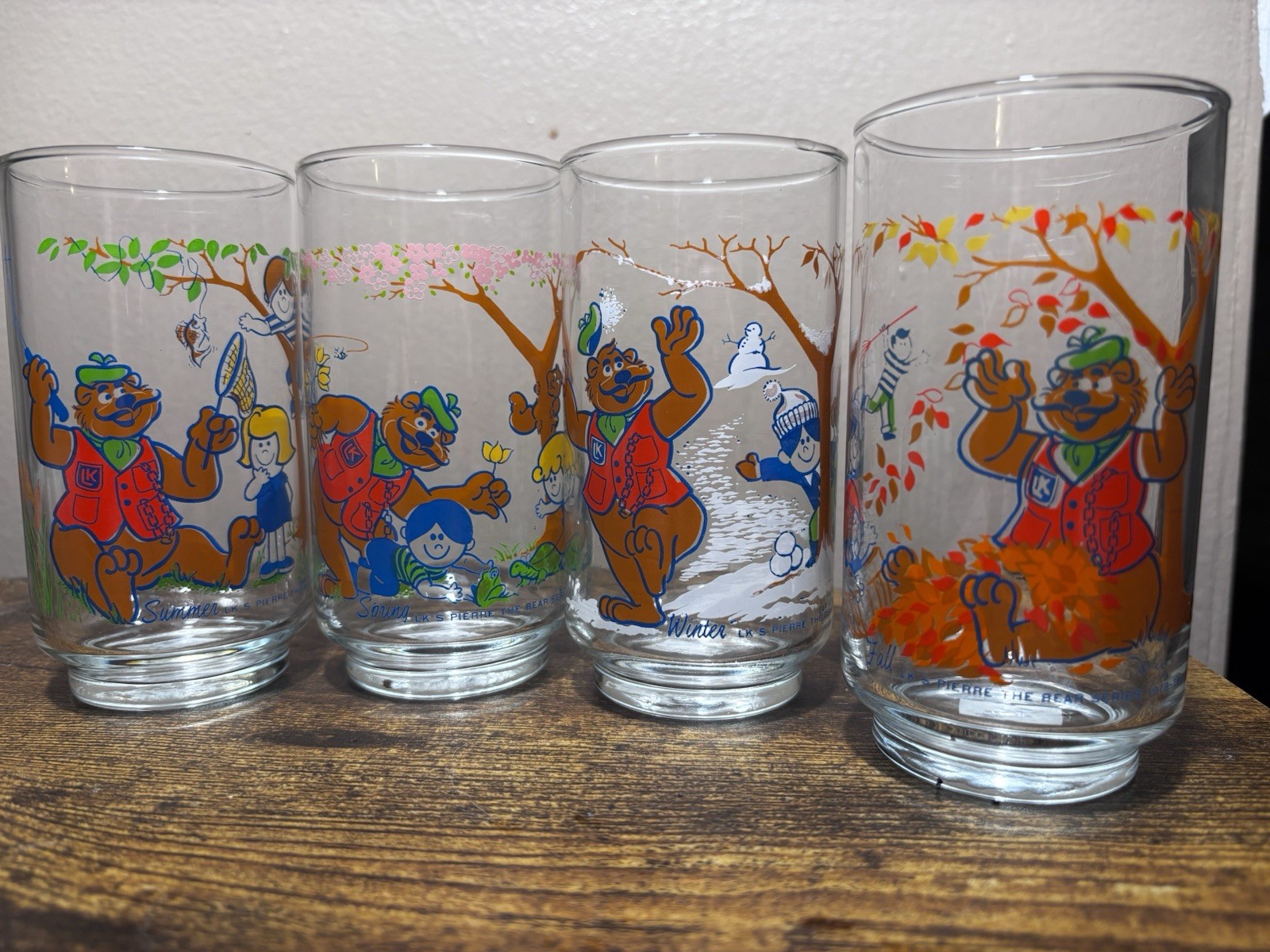 Vintage Libbey LK’s Pierre the Bear Glasses Set Of 4 Spring Summer Fall Winter