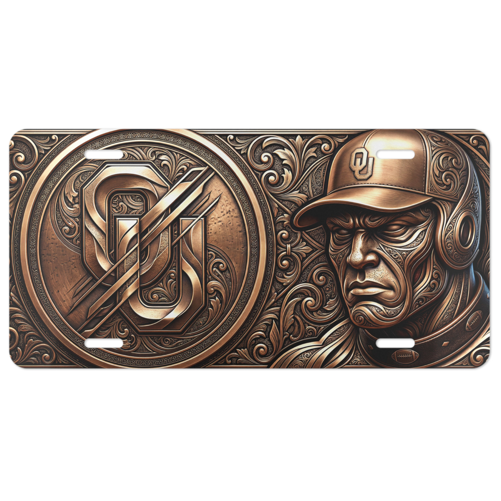 Oklahoma Sooners 3D Bronze Style License Plate Front Car Tag OU Fan Gear, Flat