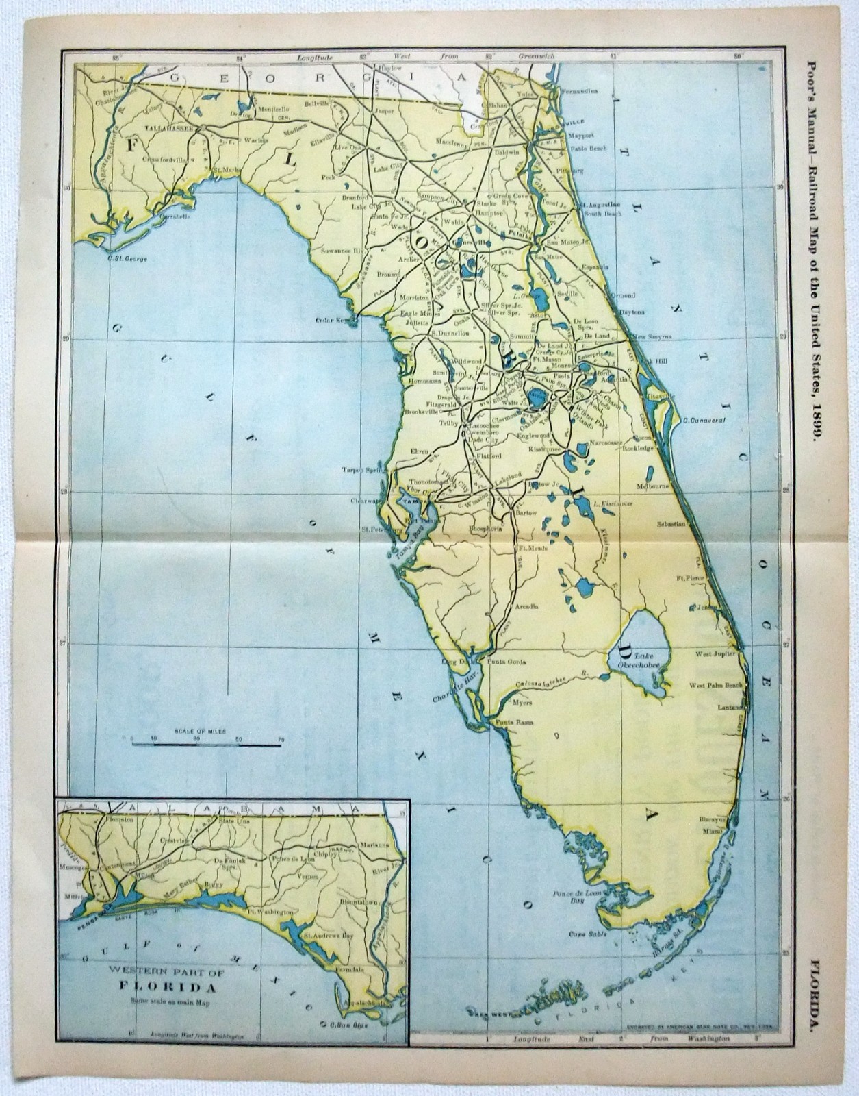 Florida - Original 1899 Railroad Map. Antique