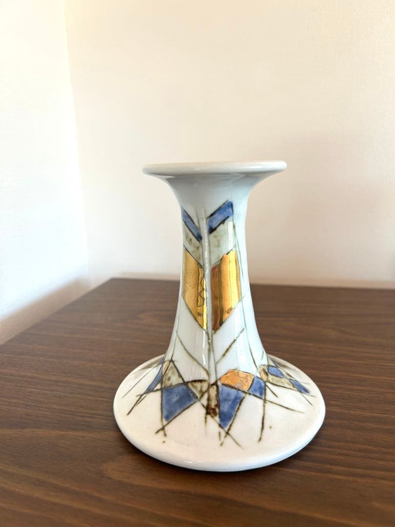 Tue Poulsen Denmark Hand-painted Ceramic Candle Holder Geometric Gold Accents