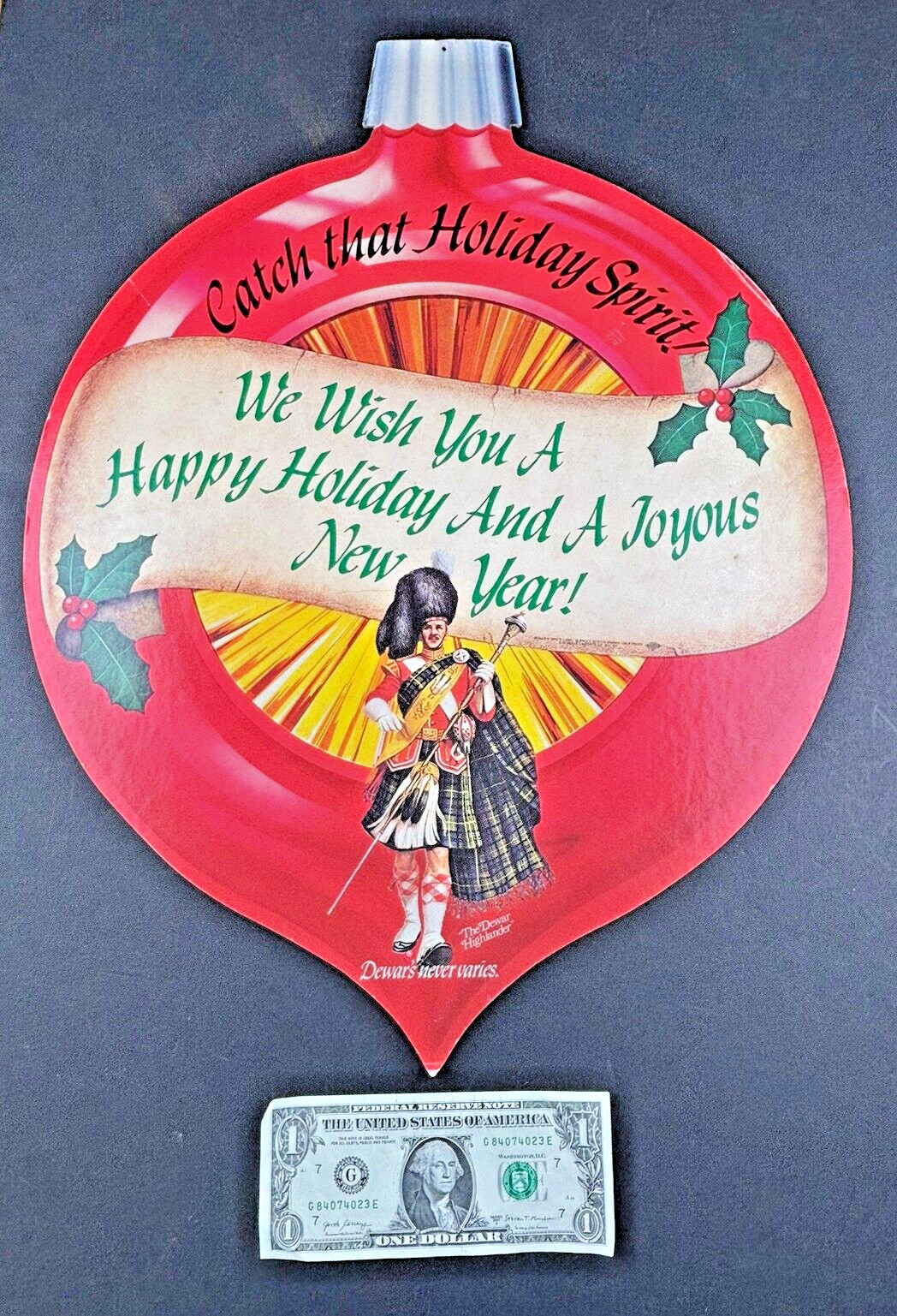 Vintage DEWAR\'S HIGHLANDER 21 x 16 Cardboard Christmas Display Ad White Label