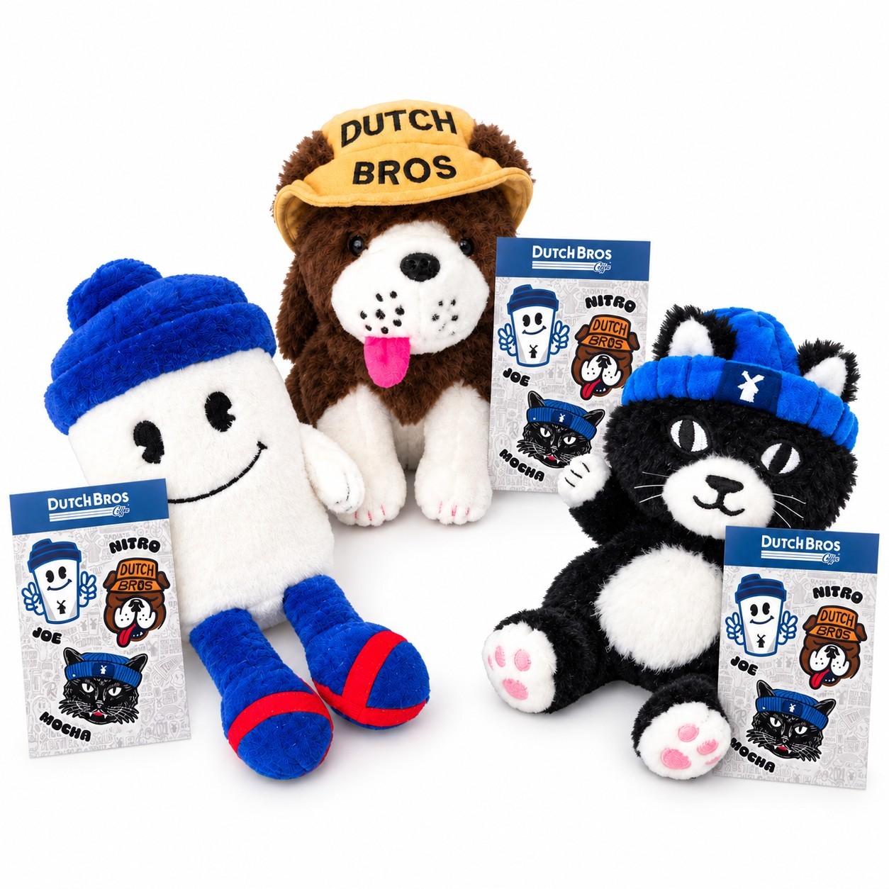 Dutch Bros Coffee Plush 3 Pc Lot Joe Mocha Nitro Complete set w/ Sticker Sheets