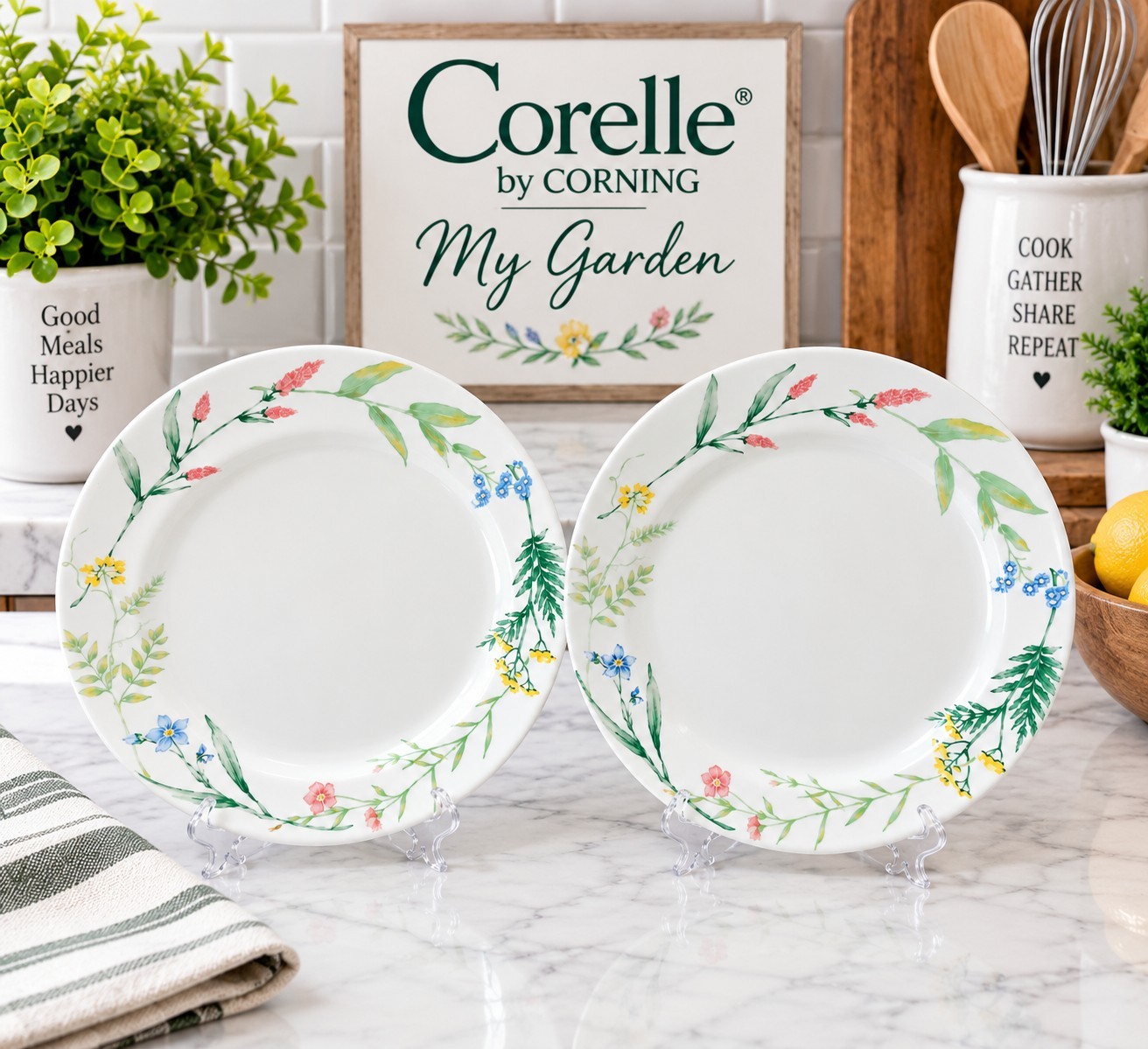 2 Pc Vintage Corelle Corning My Garden Dinner Plates Floral Discontinued 10.25\