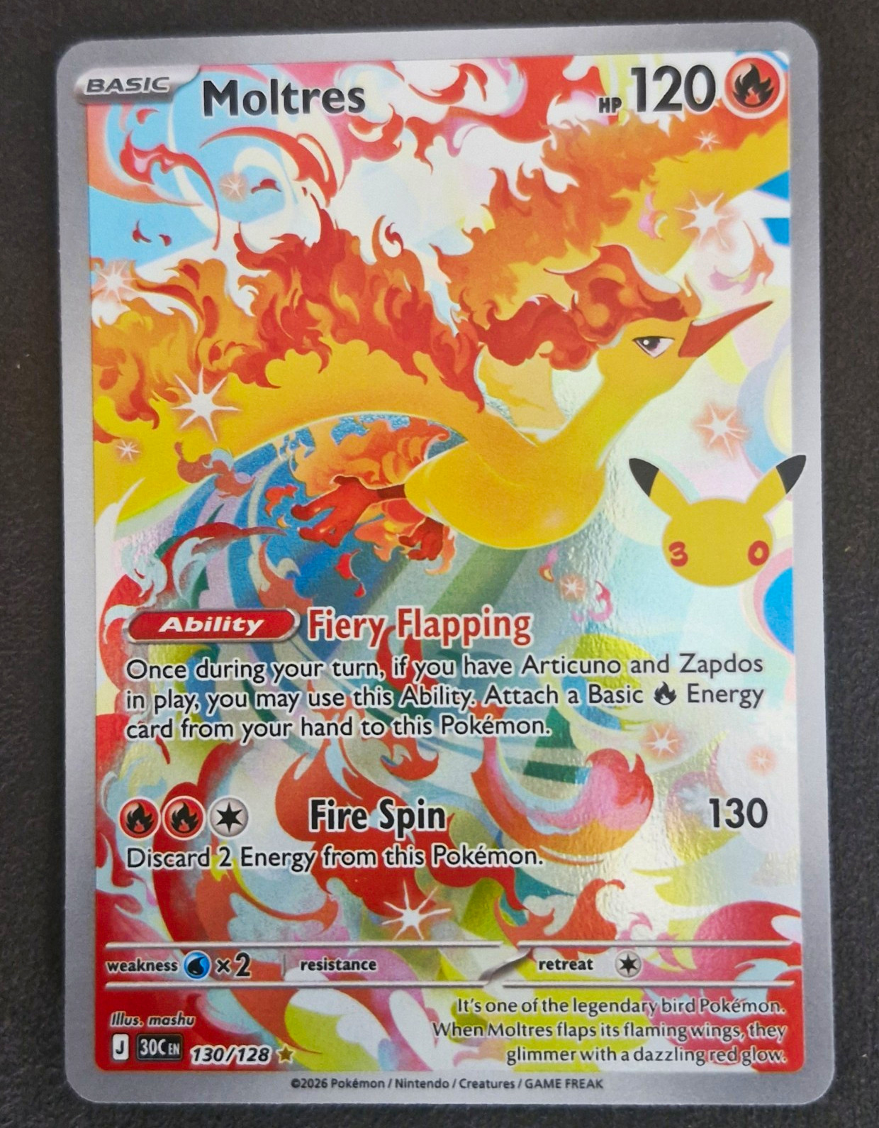 Moltres Pokemon Card 130/128 Full Art Holo 30th Anniversary Set.