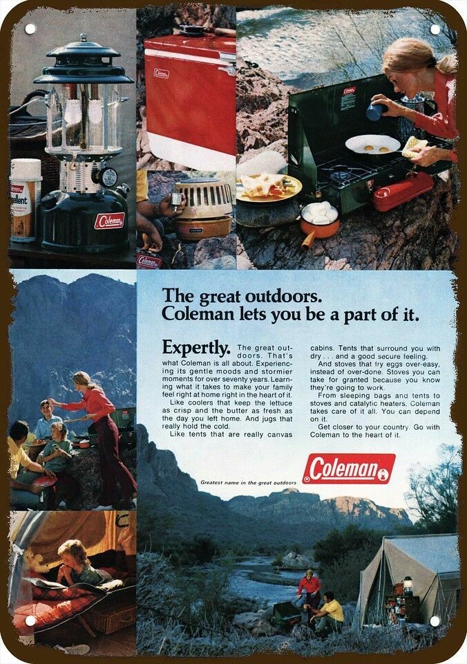 1971 COLEMAN Camping Mom Cooks Breakfast Vntg-Look DECORATIVE REPLICA METAL SIGN
