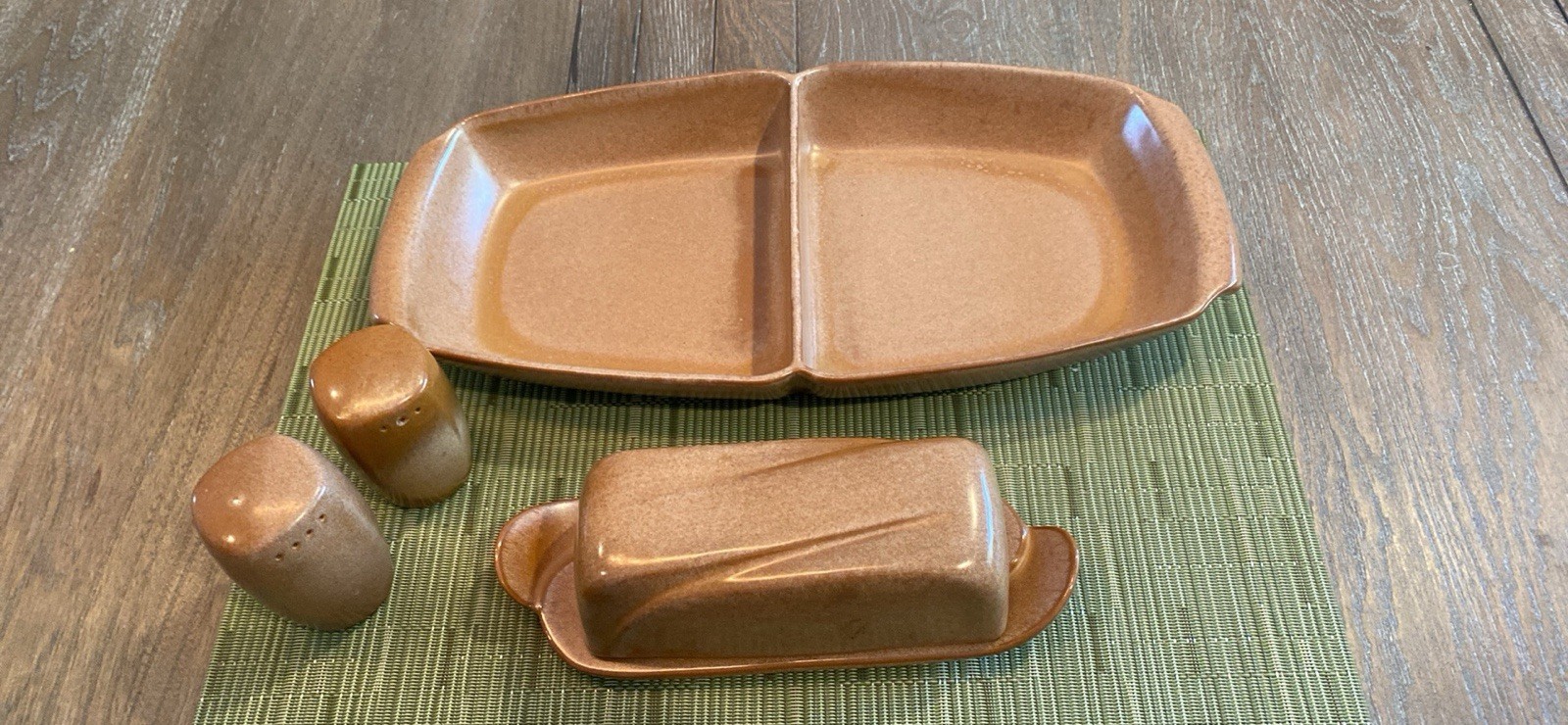 Vtg Frankoma Desert Gold Set Divided Dish Butter Dish Salt/Pepper Shakers, 4pc