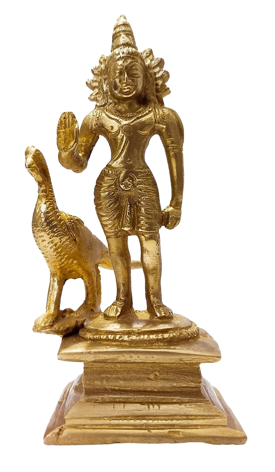 athizay Brass Kartikeya Idol with Peacock Antique Finish Statue of Murugan Sw...