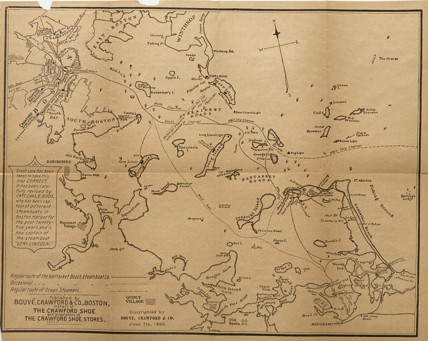 1890 Boston Harbor Map Steamboat Routes & Advertising