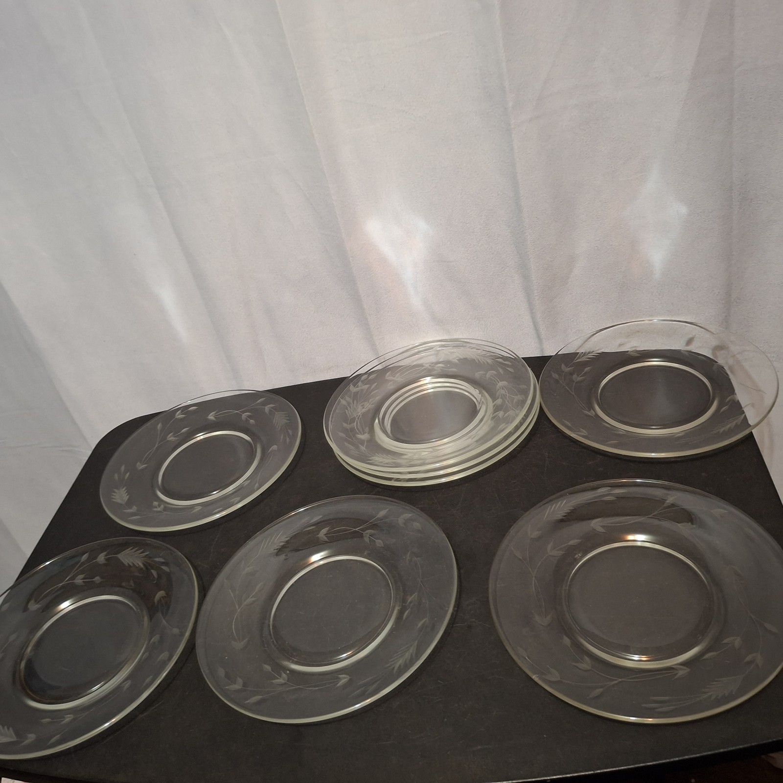 Set Of 8 Clear Etched Wheat Pattern Glass Plate 