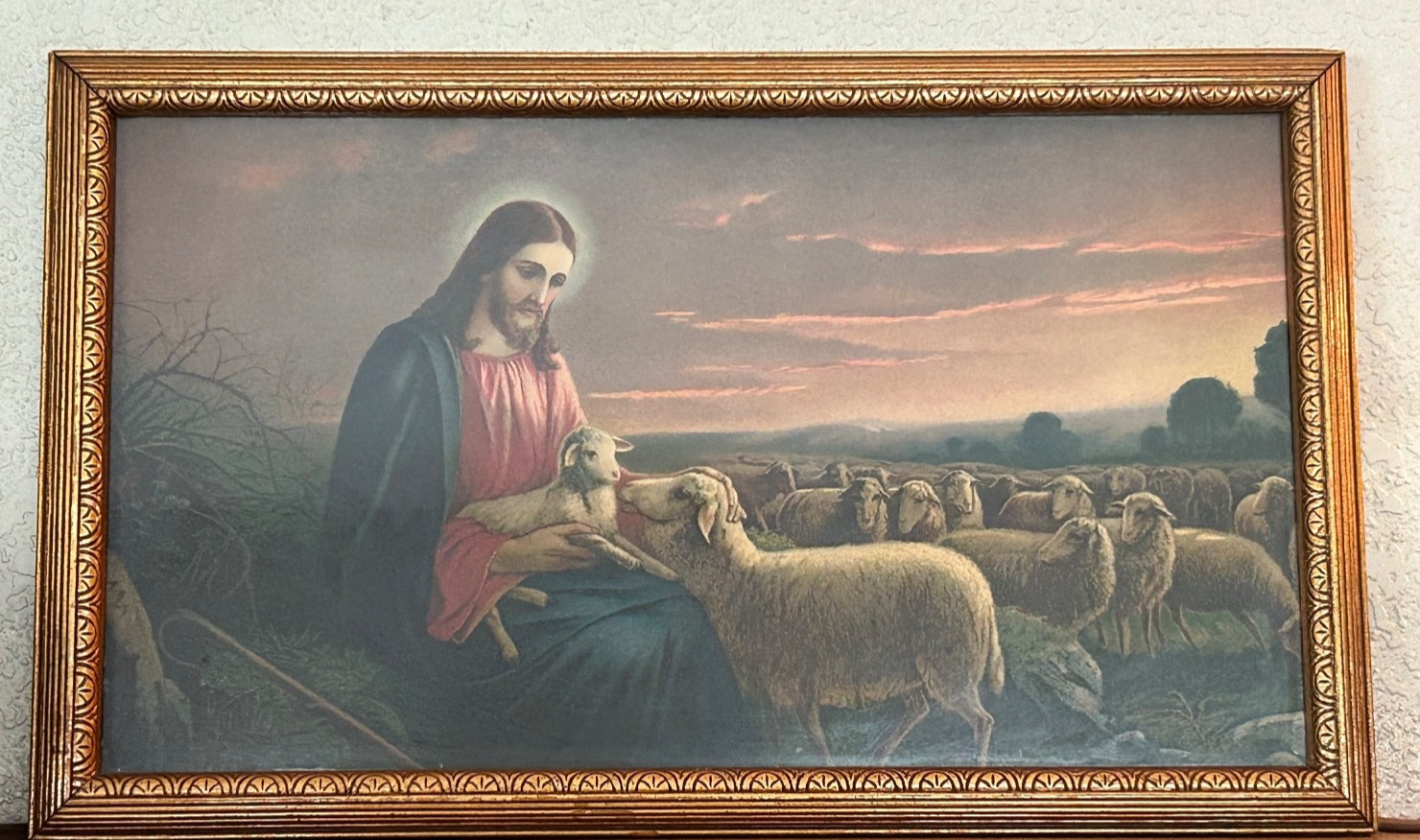 Vintage Mataloni Giovanni Framed Art Print Jesus the Good Shepard w/Sheep 15 x9\