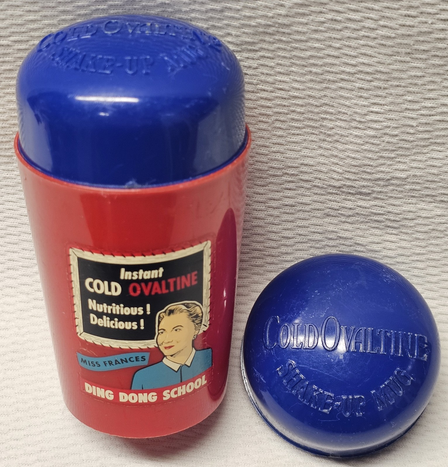 Vintage 1950s Miss Frances Ding Dong School Ovaltine Shake-Up Mug +Extra Lid Toy