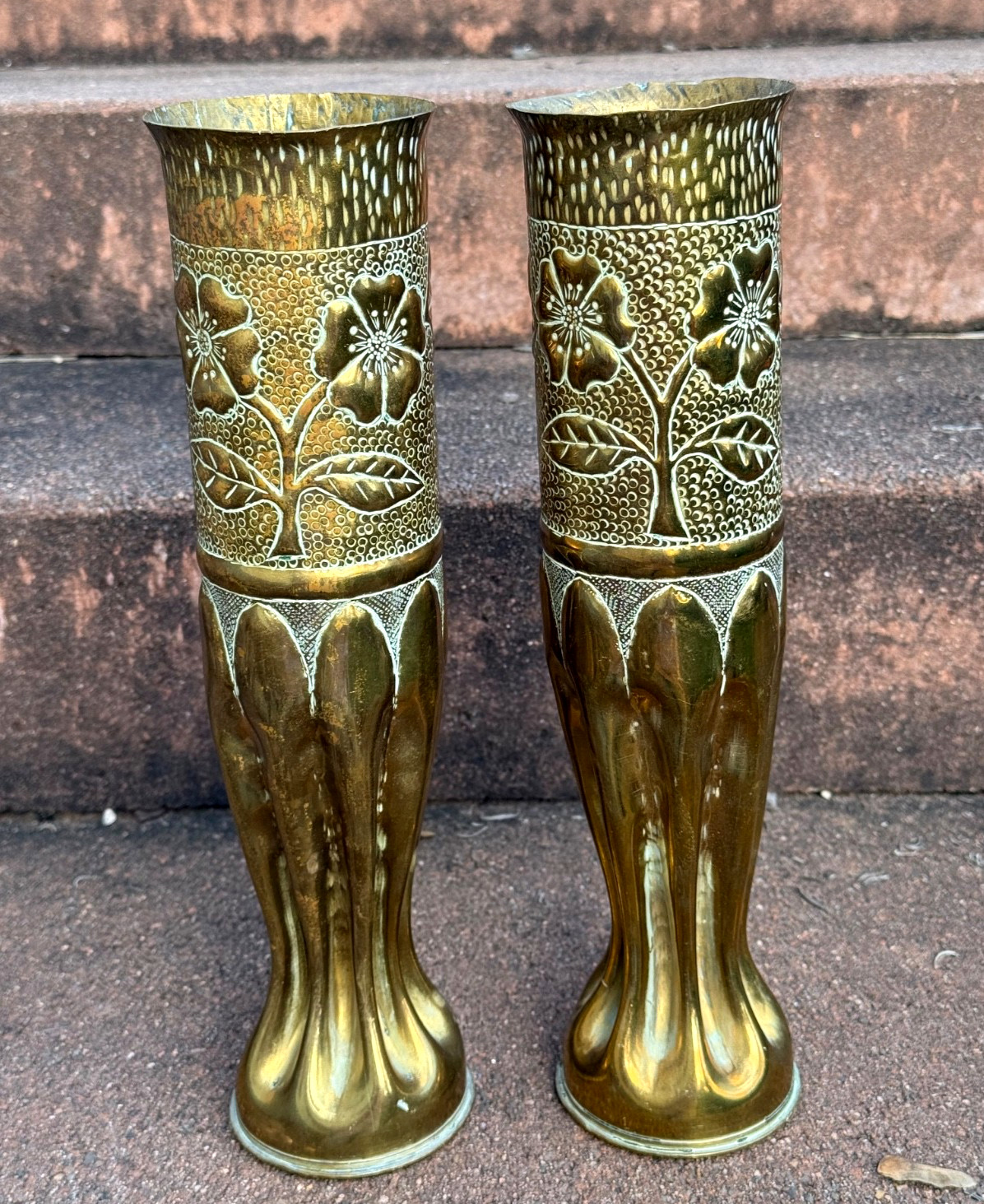 Original pair WWI Trench Art 75mm Brass Shell Casing Vases Pair Floral Engraved