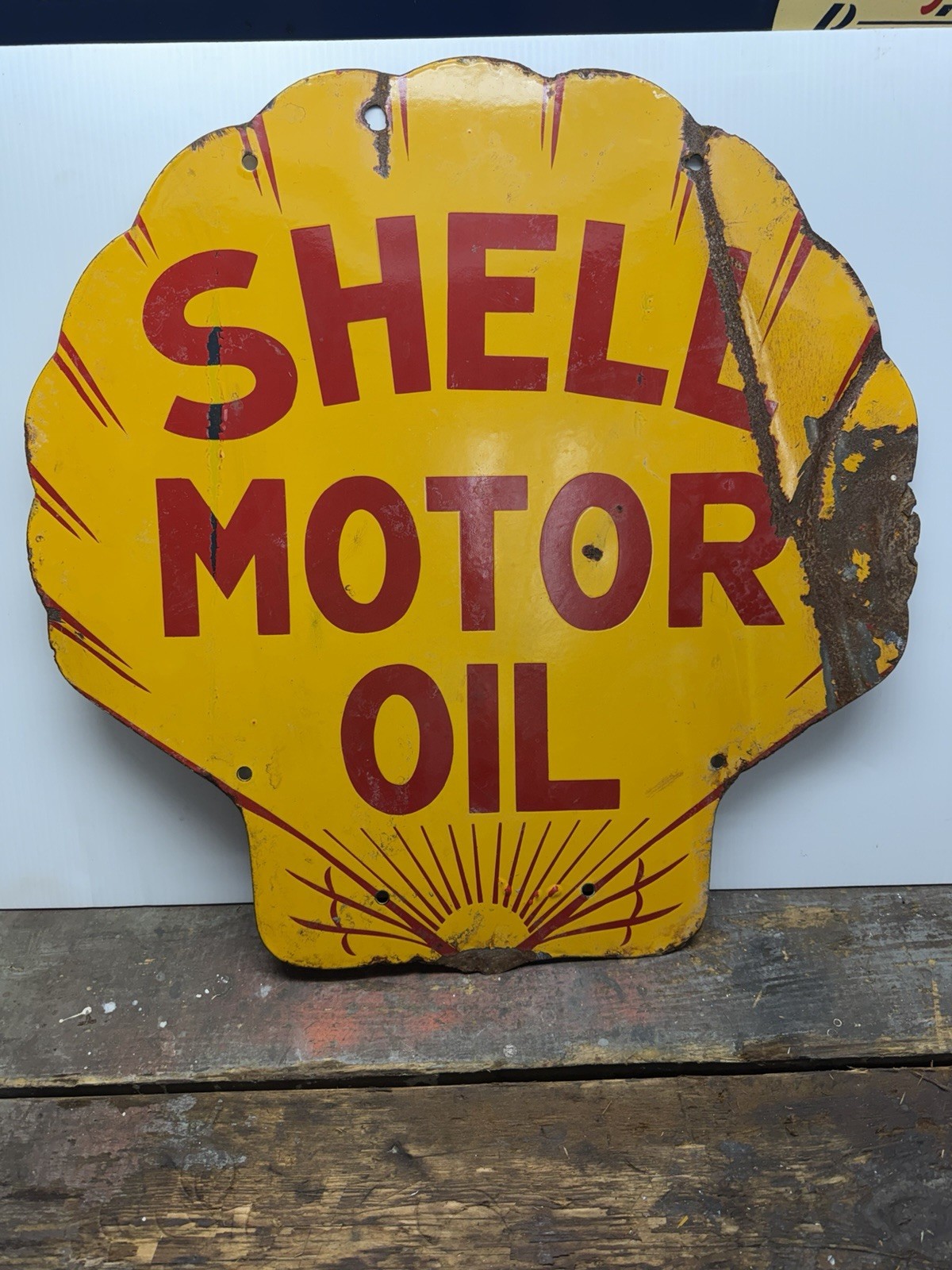 Vintage 1929 SHELL MOTOR OIL Porcelain Sign Original Rare Clam Shell 25x25.5 DSP
