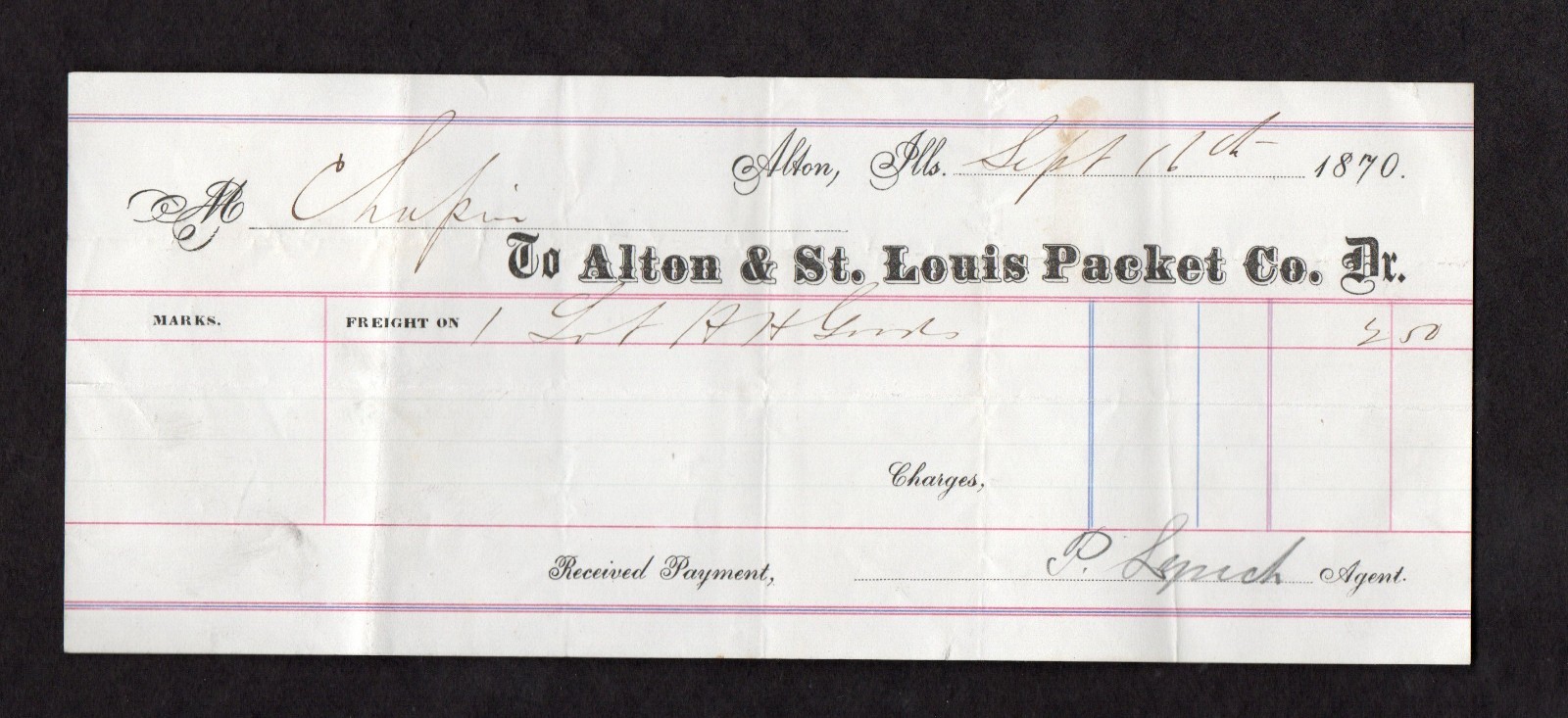 Antique Packing List for Alton Illinois to St. Louis, Missouri 1870