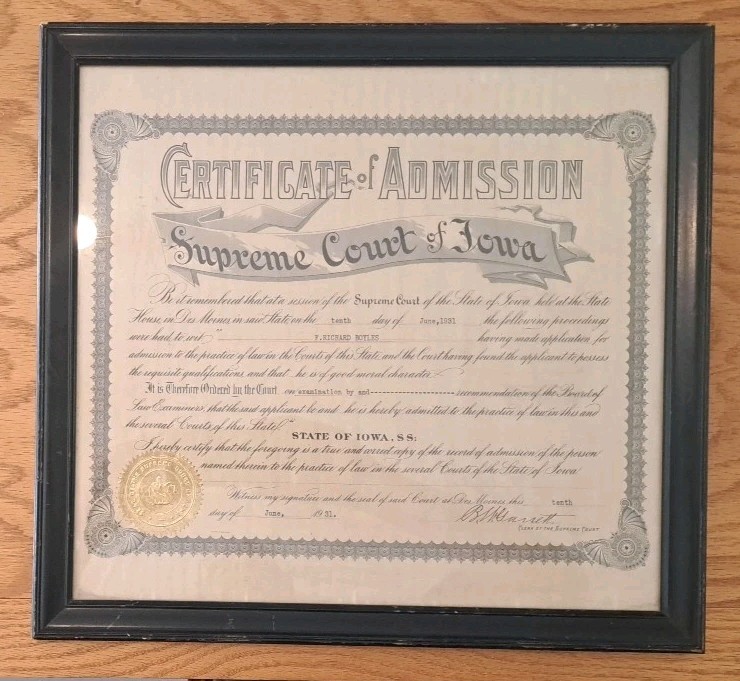 1931 Iowa Supreme Court Certificate to Practice Law Framed 16.5x15.5\
