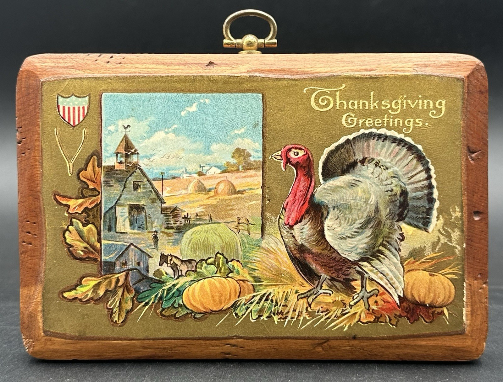 Vintage Thanksgiving Greetings Wood Postcard Plaque Turkey Collector\'s Delight