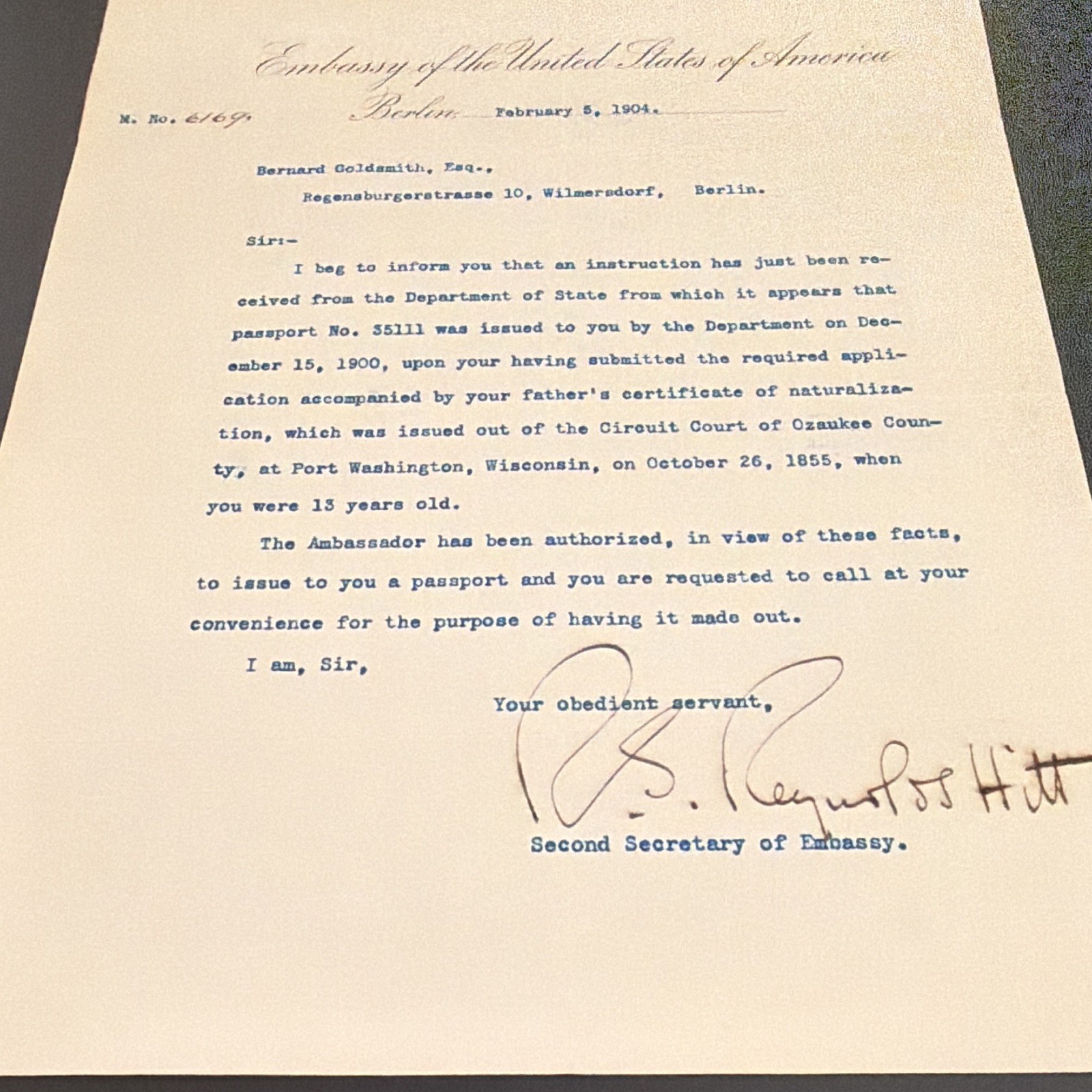 1904 US Embassy Berlin Letter Signed Diplomat Reynolds Hitt - Wisconsin Ancestry