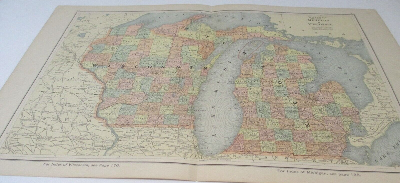 1885 WATSON\'S ANTIQUE MAP  OFWISCONSIN AND MICHIGAN  22 X 14.5 DOUBLE PAGE