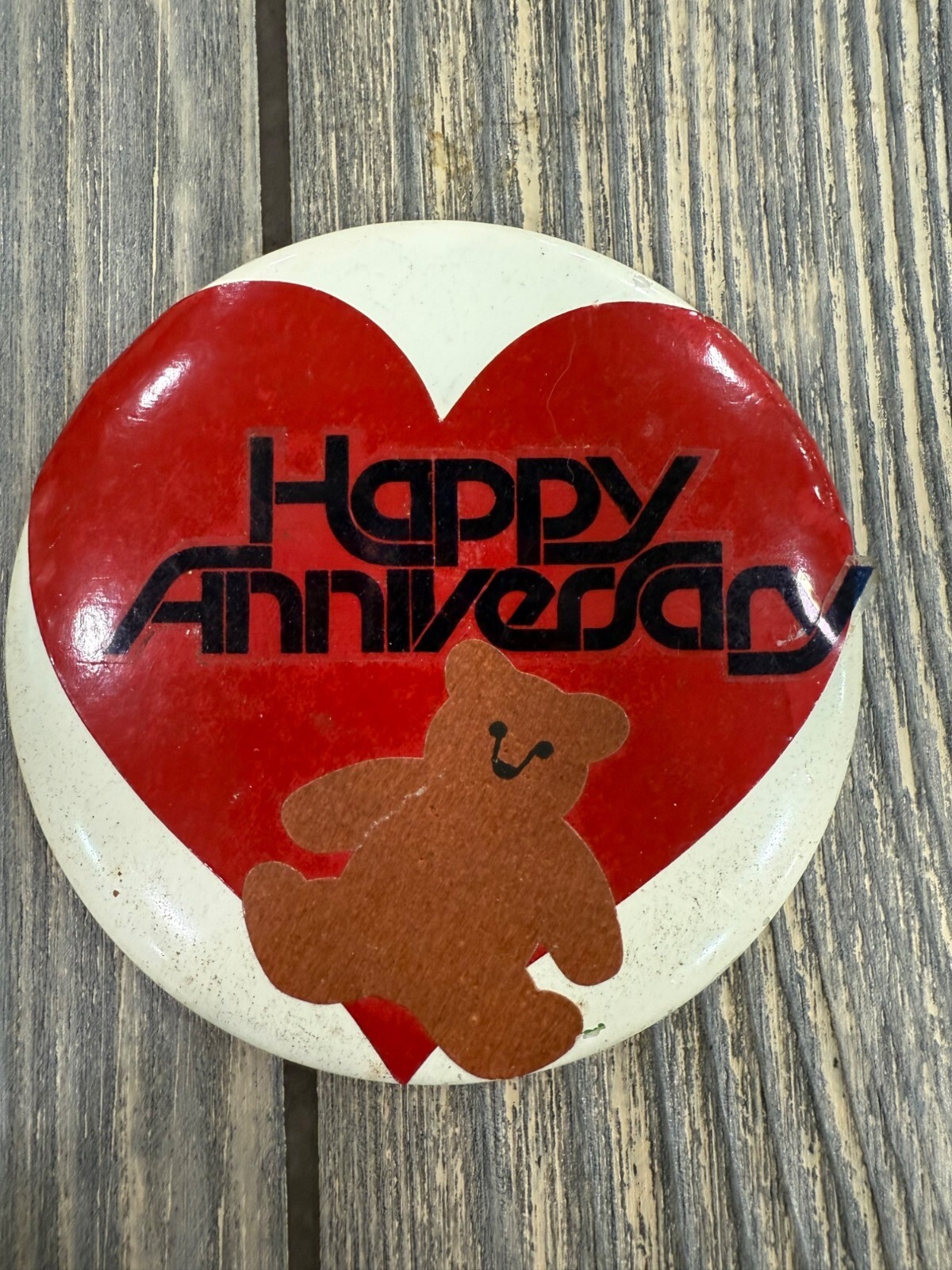 Vintage Happy Anniversary Heart & Teddy Bear Pinback Button