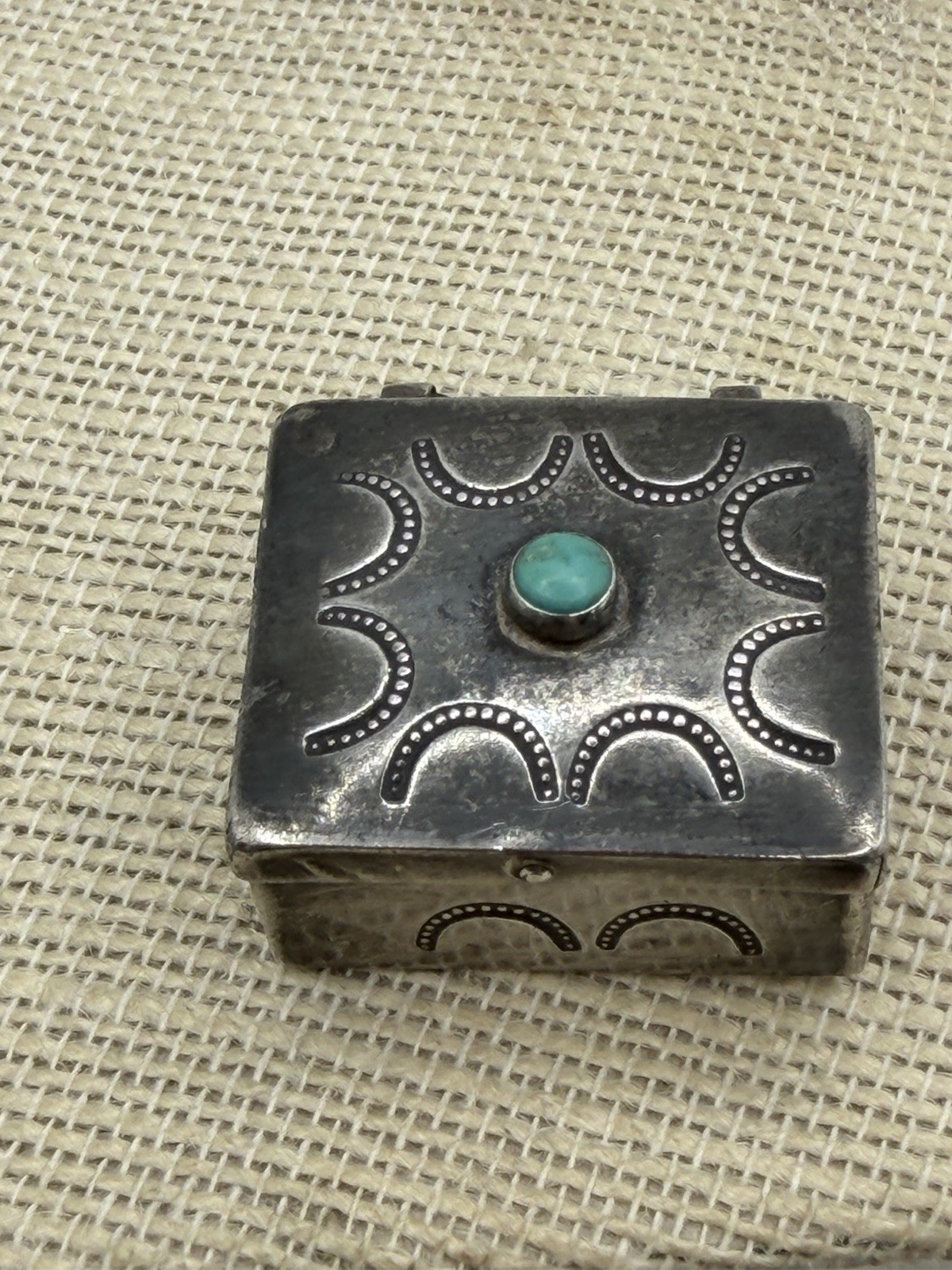Vintage Navajo Native American Turquoise Hand Stampwork Silver Mini Box Vintage Navajo Native American Turquoise Hand Stampwork Silver Mini Box