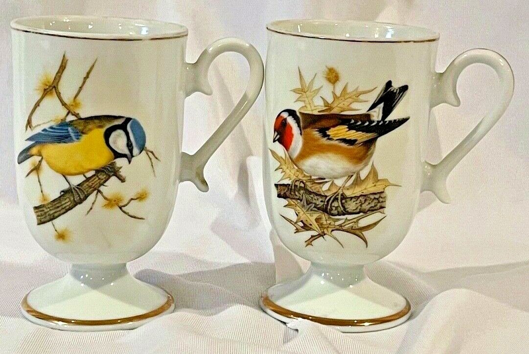 🍋 Vintage Retro 1978 Enesco Bird Pedestal Mugs Gold Rim Detail LOT 🍋