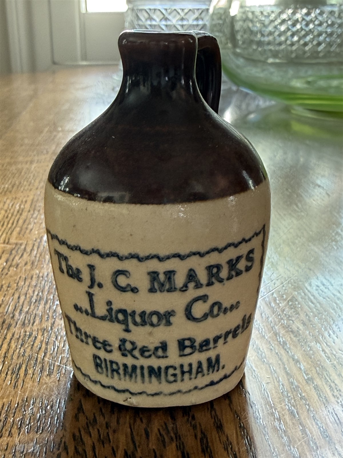ANTIQUE J C MARKS LIQUOR THREE RED BARRELS WHISKEY MINI ADVERTISING POTTERY JUG 