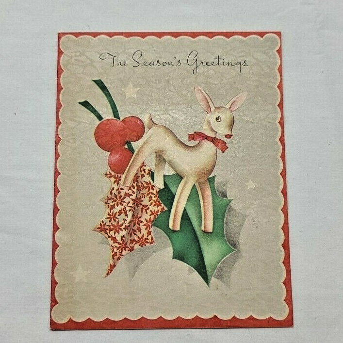 Vintage Christmas Card 1940s 1950s Parchment Reindeer Holly Berry Decoration Red