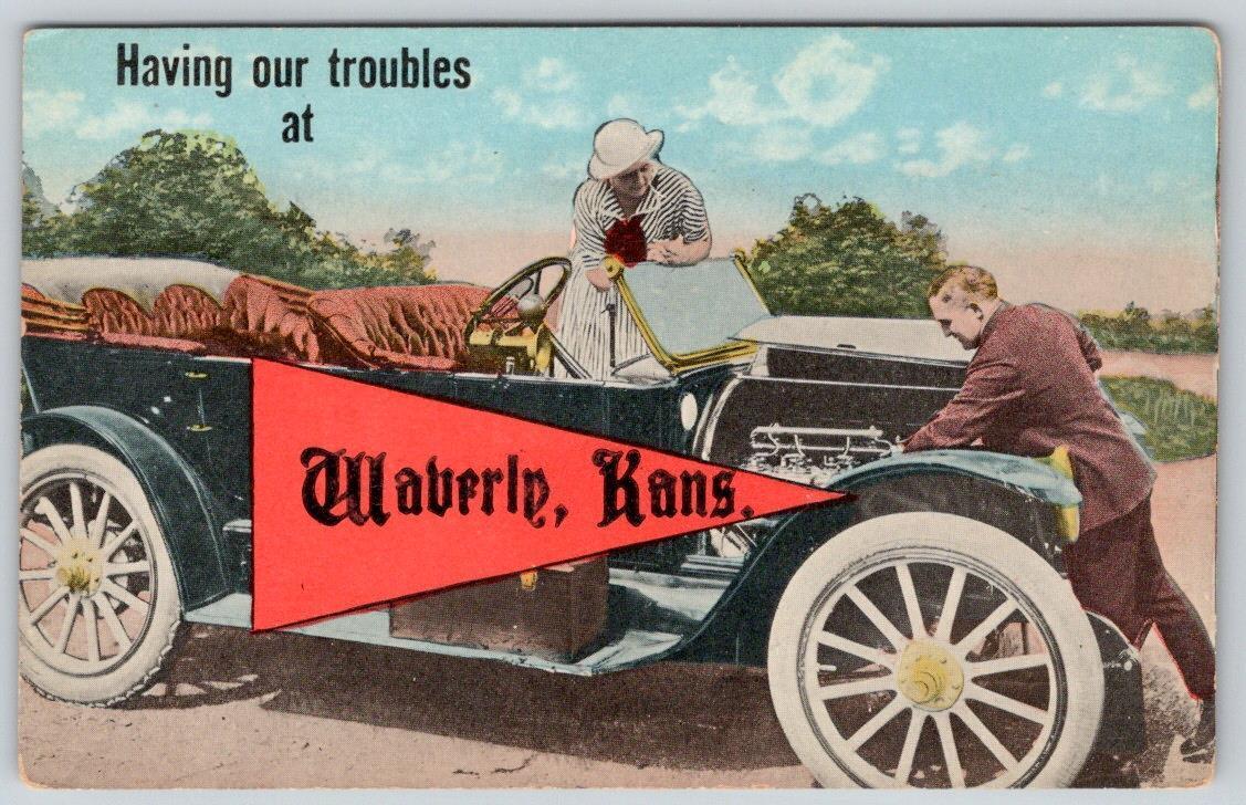 1920\'s HAVING OUR TROUBLES AT WAVERLY KANSAS OLD CAR BROKE DOWN PENNANT POSTCARD