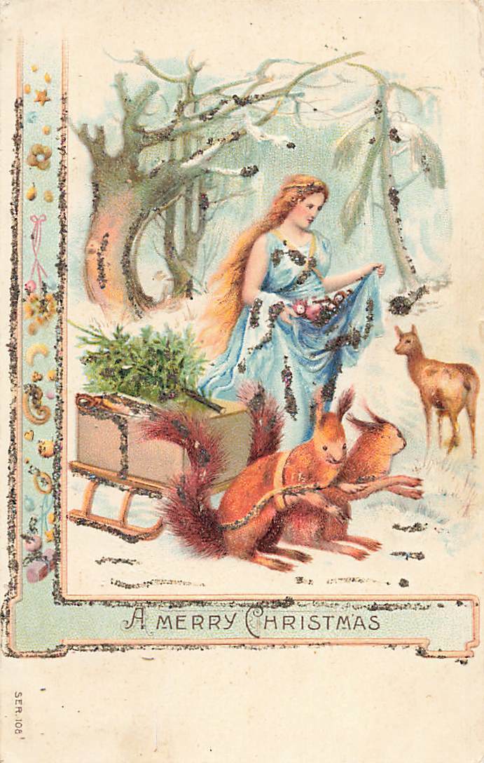 c1910 Fantasy Squirrels Anthropomorphic Pull Sleigh Woman Deer Christmas P333