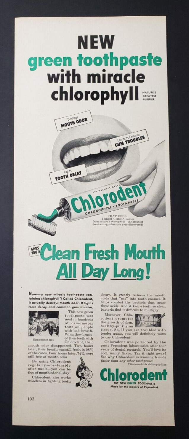 1952 Print Ad Chlorodent Toothpaste Chorophyll Green