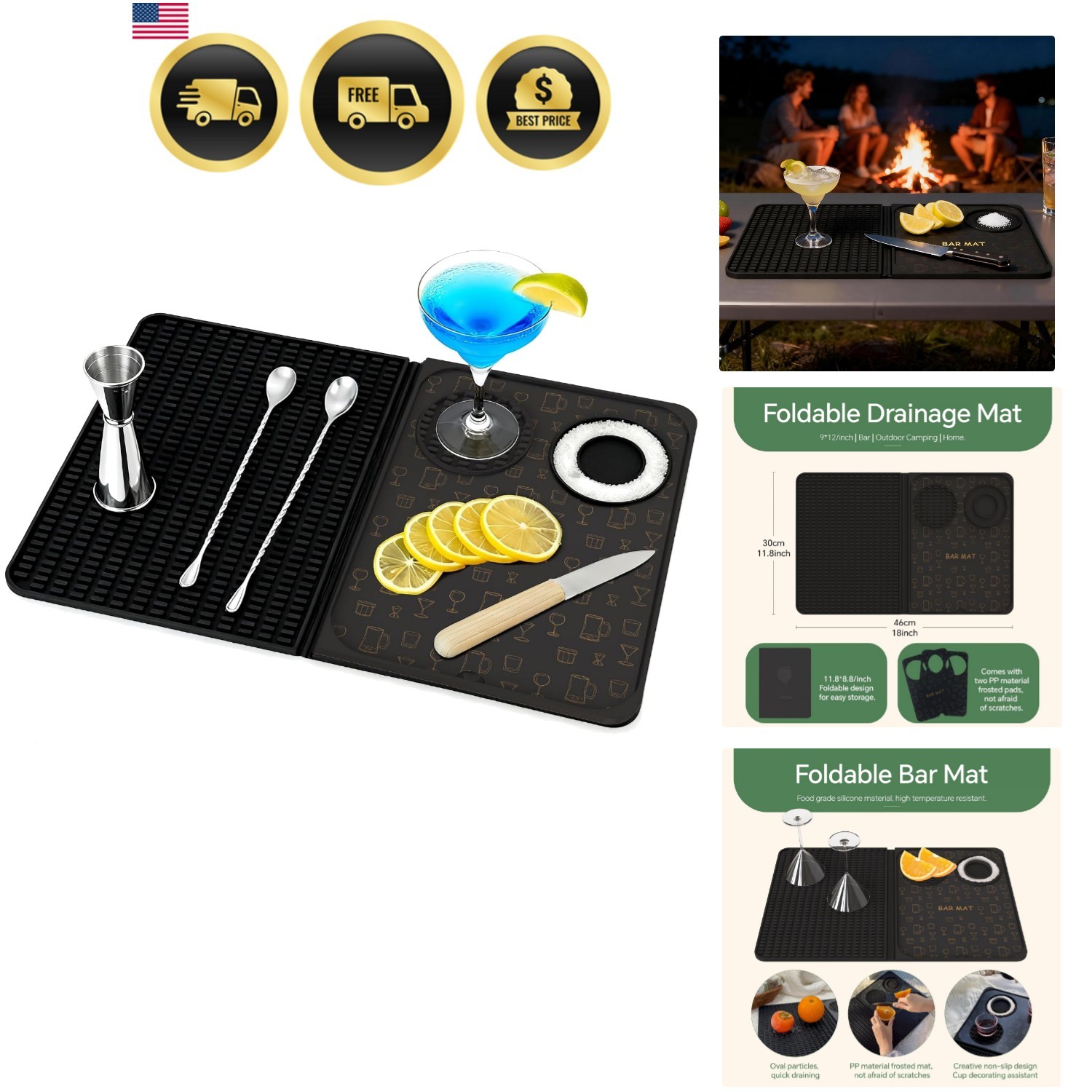 3-in-1 Folding Bar Mat with Cutting Board, 18