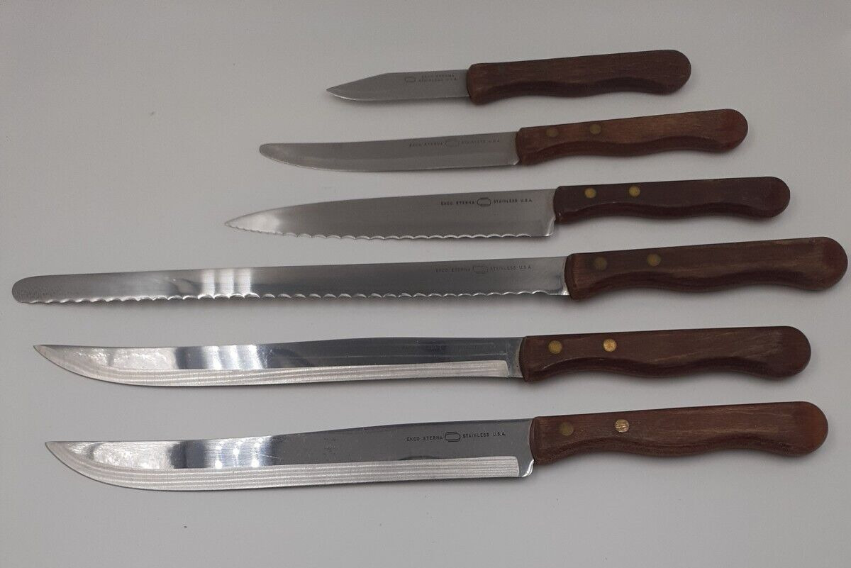 Vintage Lot of 6 Ekco Knives Eterna Stainless Steel with Wood Handle