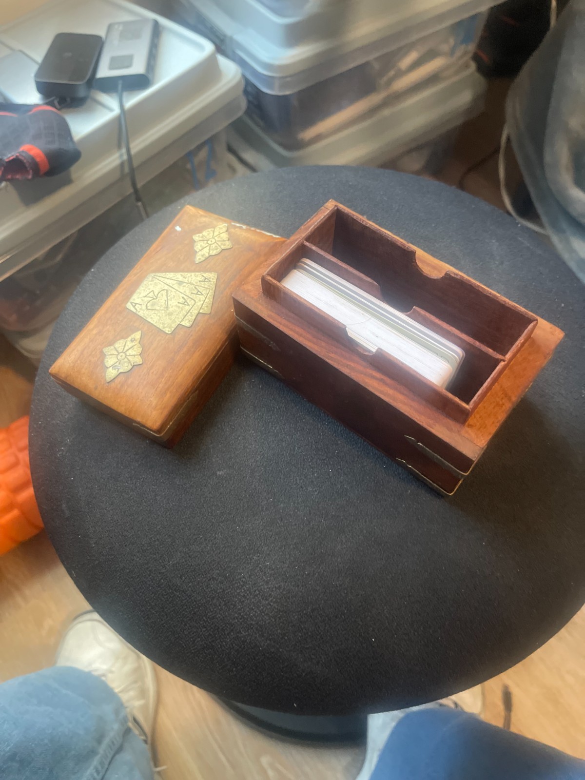 Vintage Wooden Playing Card Box Brass Inlay Aces Two-Deck Card Holder Gift Vintage Wooden Playing Card Box Brass Inlay Aces Two-Deck Card Holder Gift