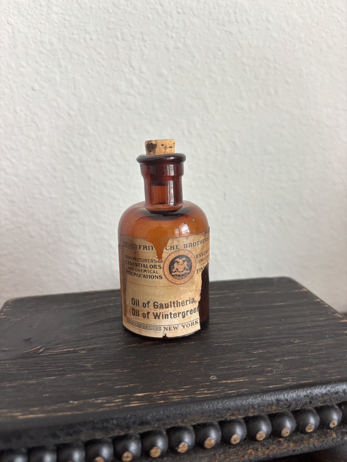 Vintage Fritzsche Brothers Oil Of Wintergreen Amber Glass Apothecary Bottle