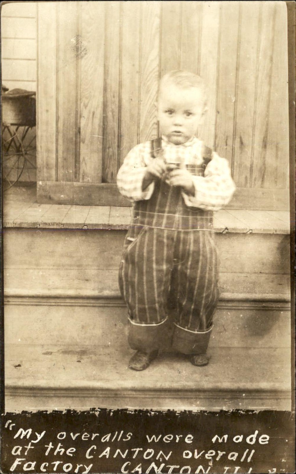 Little boy in CANTON ILLINOI IL overalls  c1900s-20s Real Photo Postcard bhn