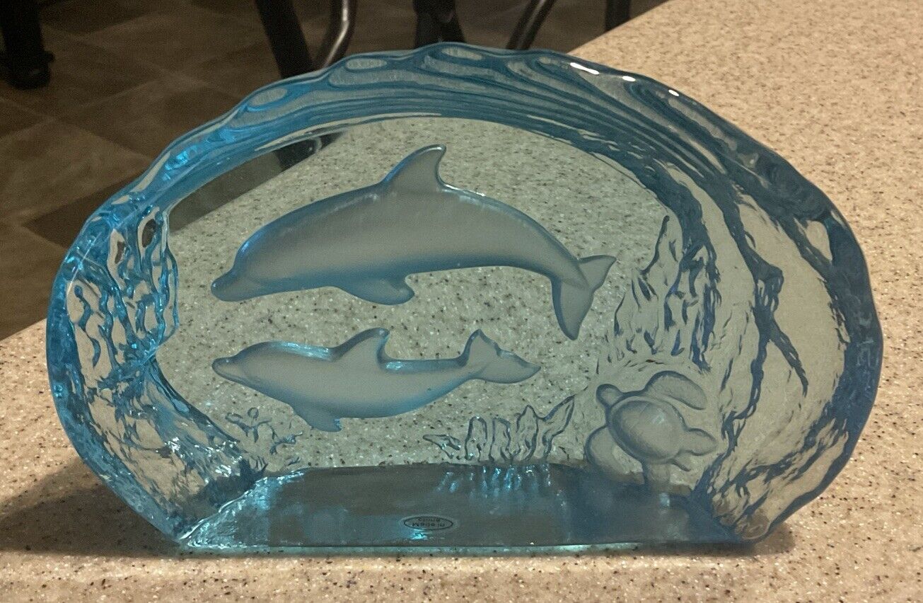 Aqua Blue Glass Dolphin & Turtle Scene Figurine/Paperweight 6.5x4”
