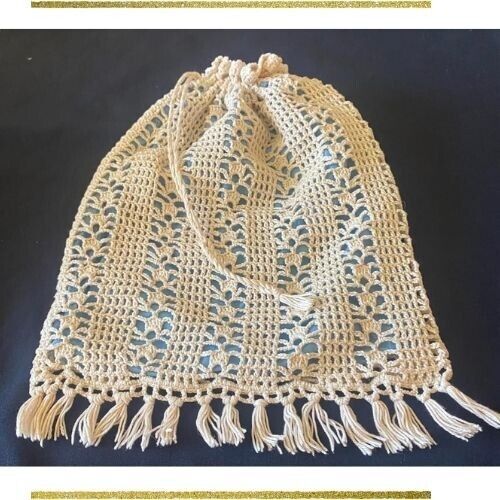 Vintage Bread Bag in crochet handmade lace Cream lined with fringe 34cm x 26cm