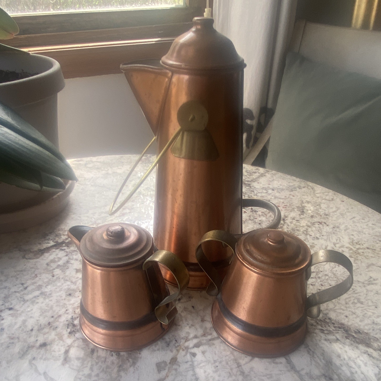 Vintage Gregorian Solid Copper Coffee Pot/Tea Set with Stickers Made In USA MCM