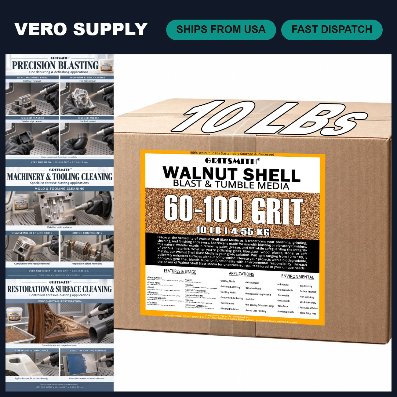 Premium Crushed Walnut Shell Media 60-100 Grit for Tumbling & Polishing - 10 LBS