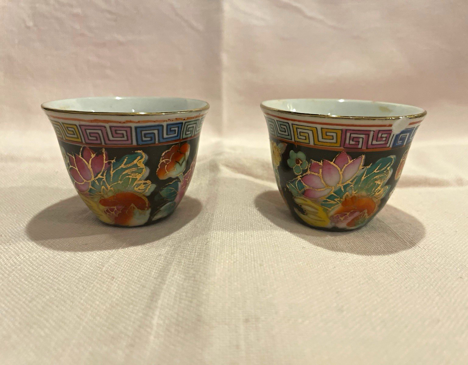 Pair Japanese Porcelain Cups Floral Enamel Style Greek Key Border Marked