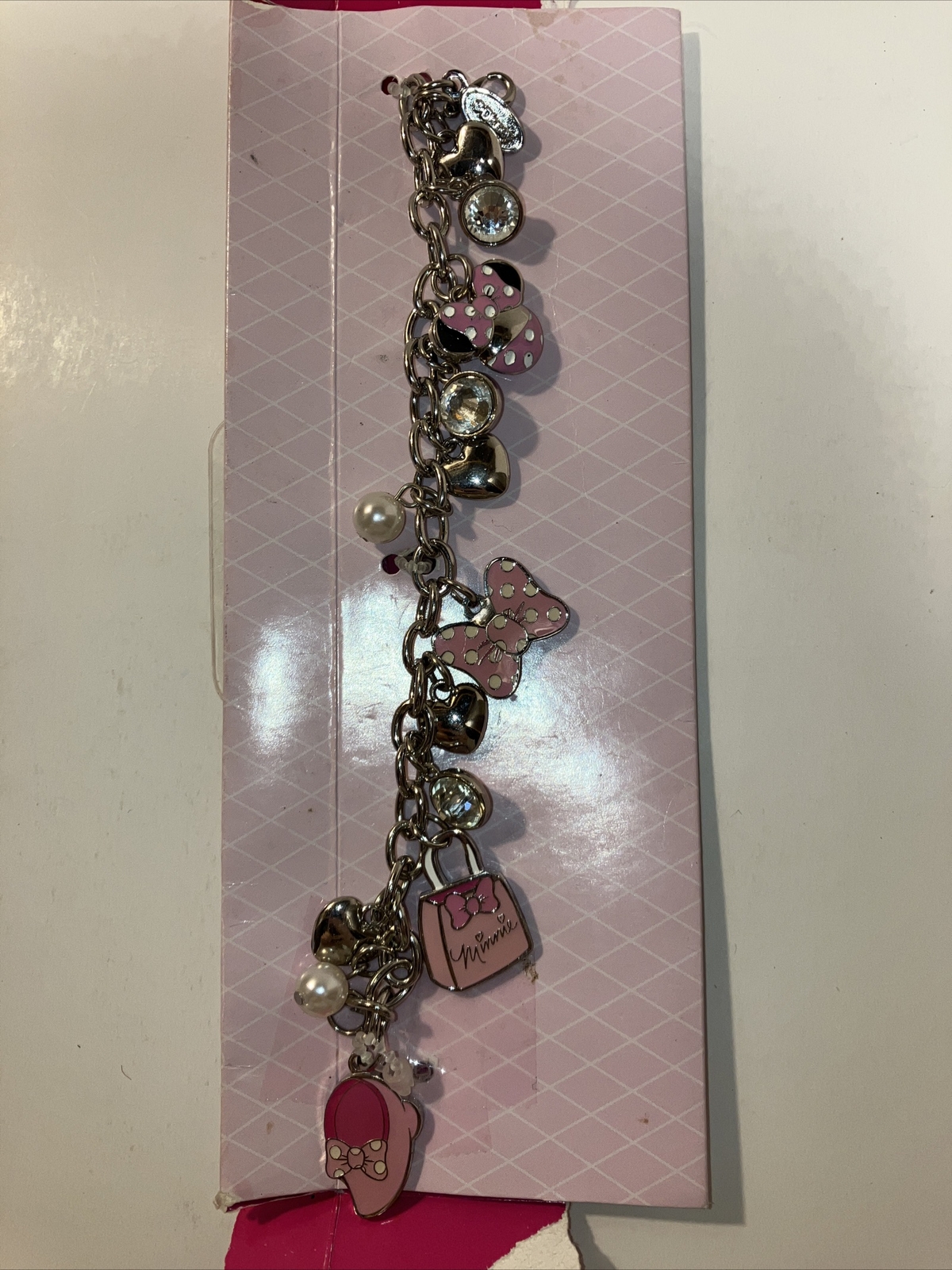Vintage Disney Minnie Mouse Pink Bow Hearts Charm Bracelet Anklet Silver Tone 7\