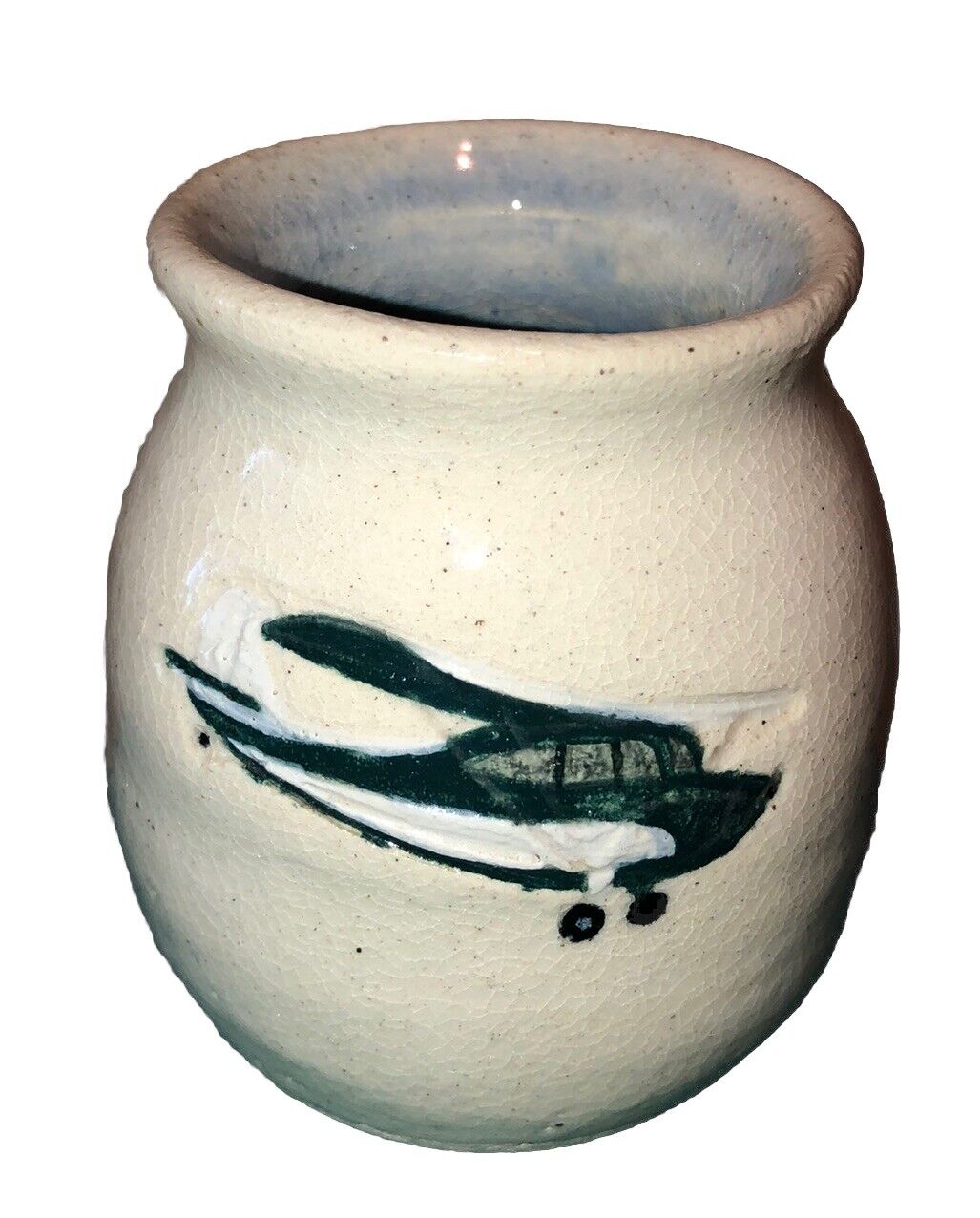 Vintage White Artisan Pottery Vase Small 3 3/4 “ Signed Crop Duster Airplane