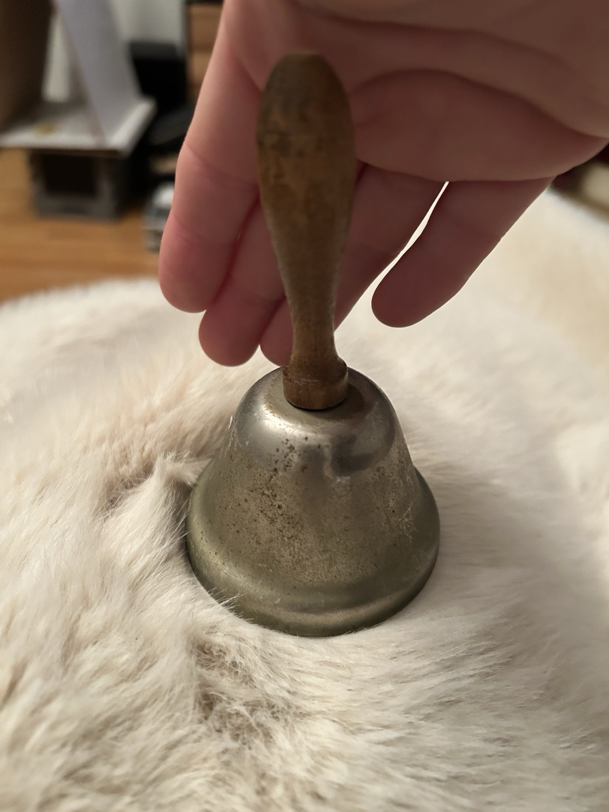 Vintage Etched Brass School Bell w/Solid Wooden Handle Made in India  8”