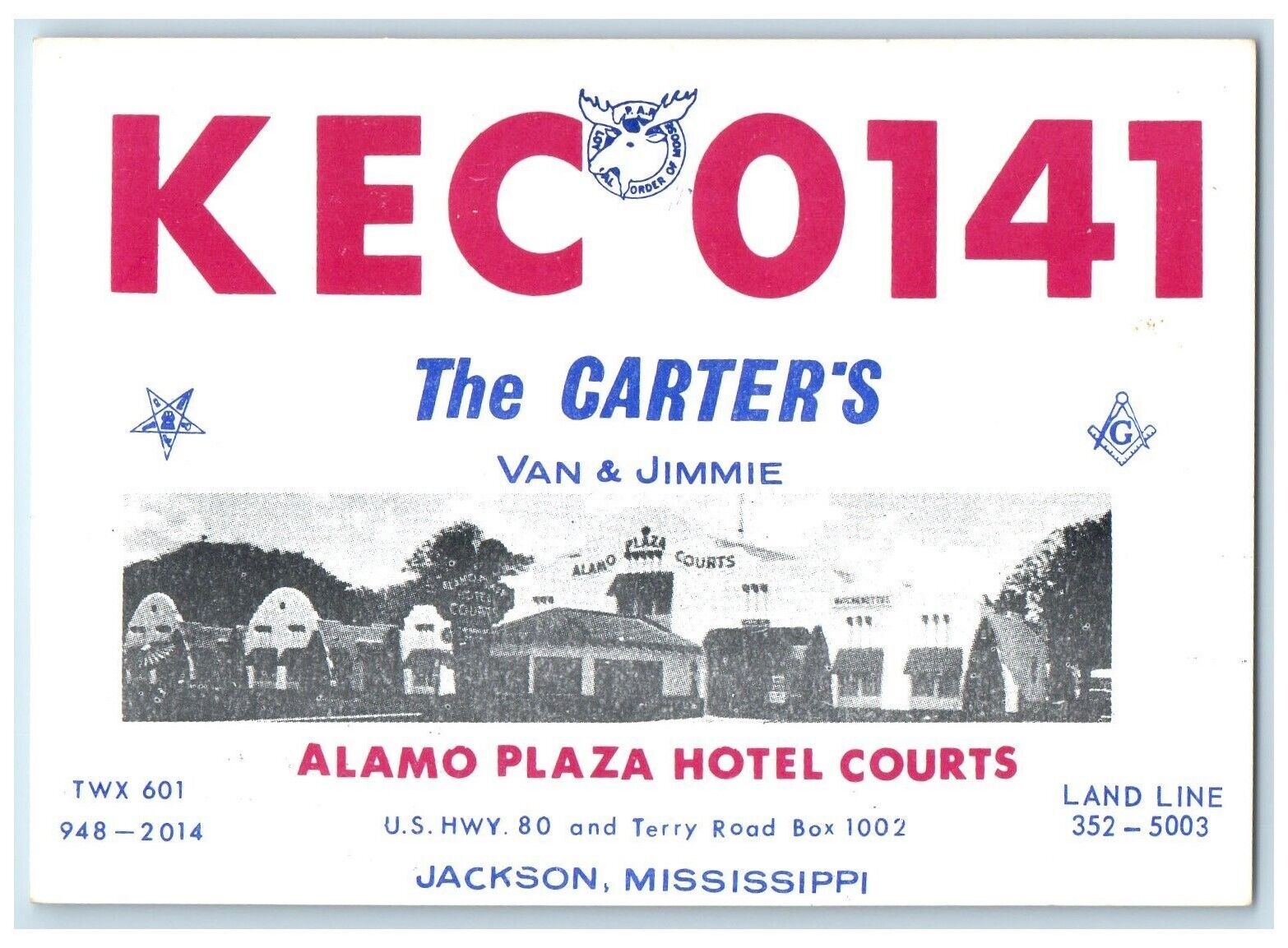 1940 Kec 0141 Carter's Van Jimmie Alamo Plaza Hotel Jackson Mississippi Postcard
