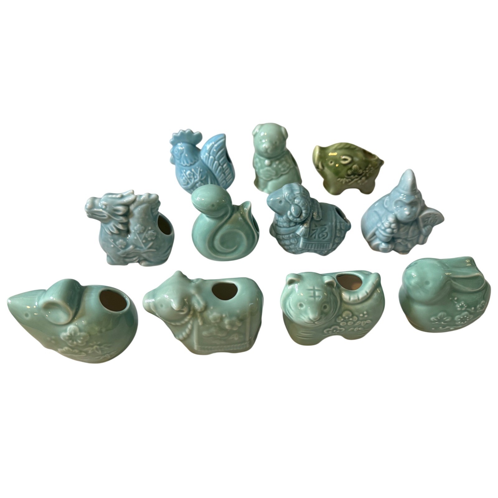Vintage Japanese Celadon Ceramic Zodiac Figurines Set of 11 Animal Missing Horse