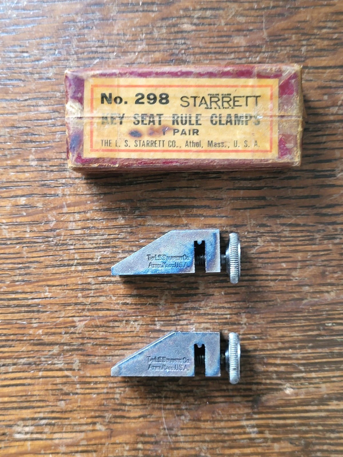 (2) Vintage Starrett (The L. S. S. Co.) No. 298 Key Seat Rule Clamps  w/Box   