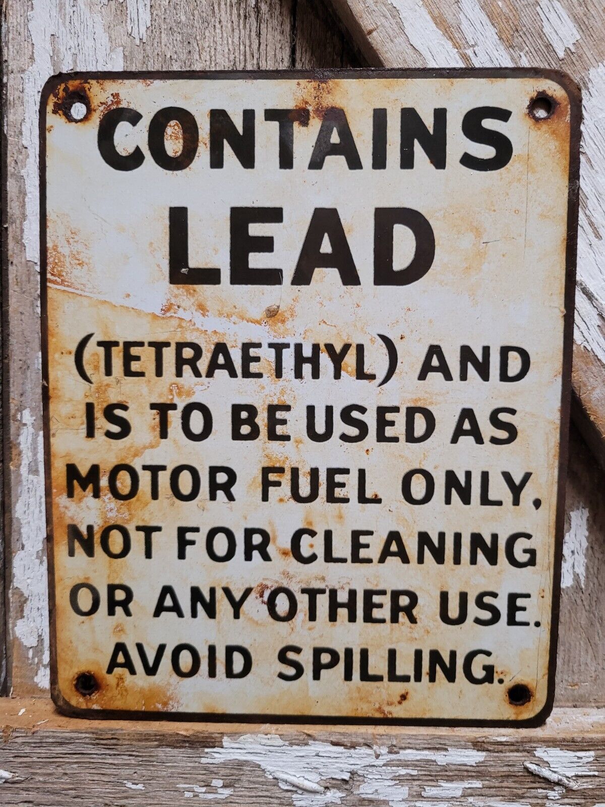 VINTAGE GAS PUMP PORCELAIN SIGN CONTAINS LEAD TETRAETHYL WARNING GAS OIL STATION